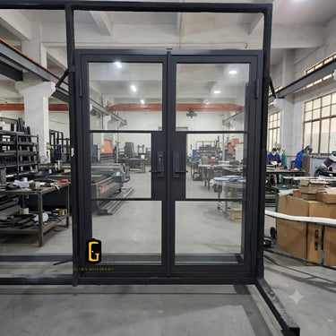 Black iron French front door with glass panels