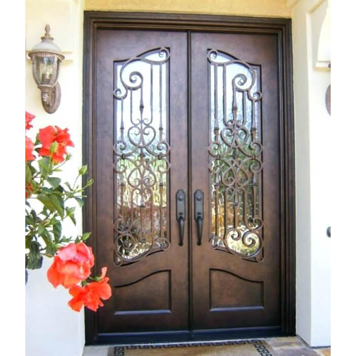 double iron door with rusty red and kickplate