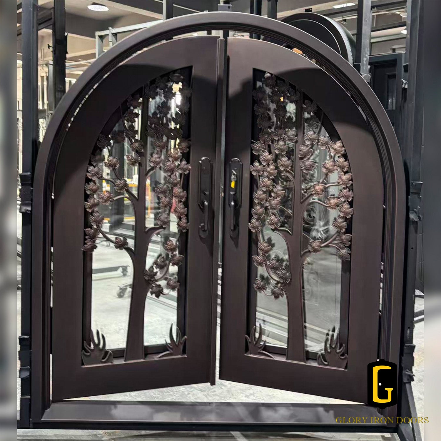 Wrought iron double front door with decorative design
