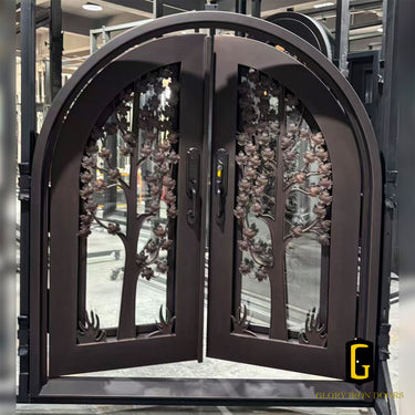Wrought iron double front door with decorative design