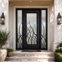 Openable glass iron single door with two sidelights and nature-inspired ironwork