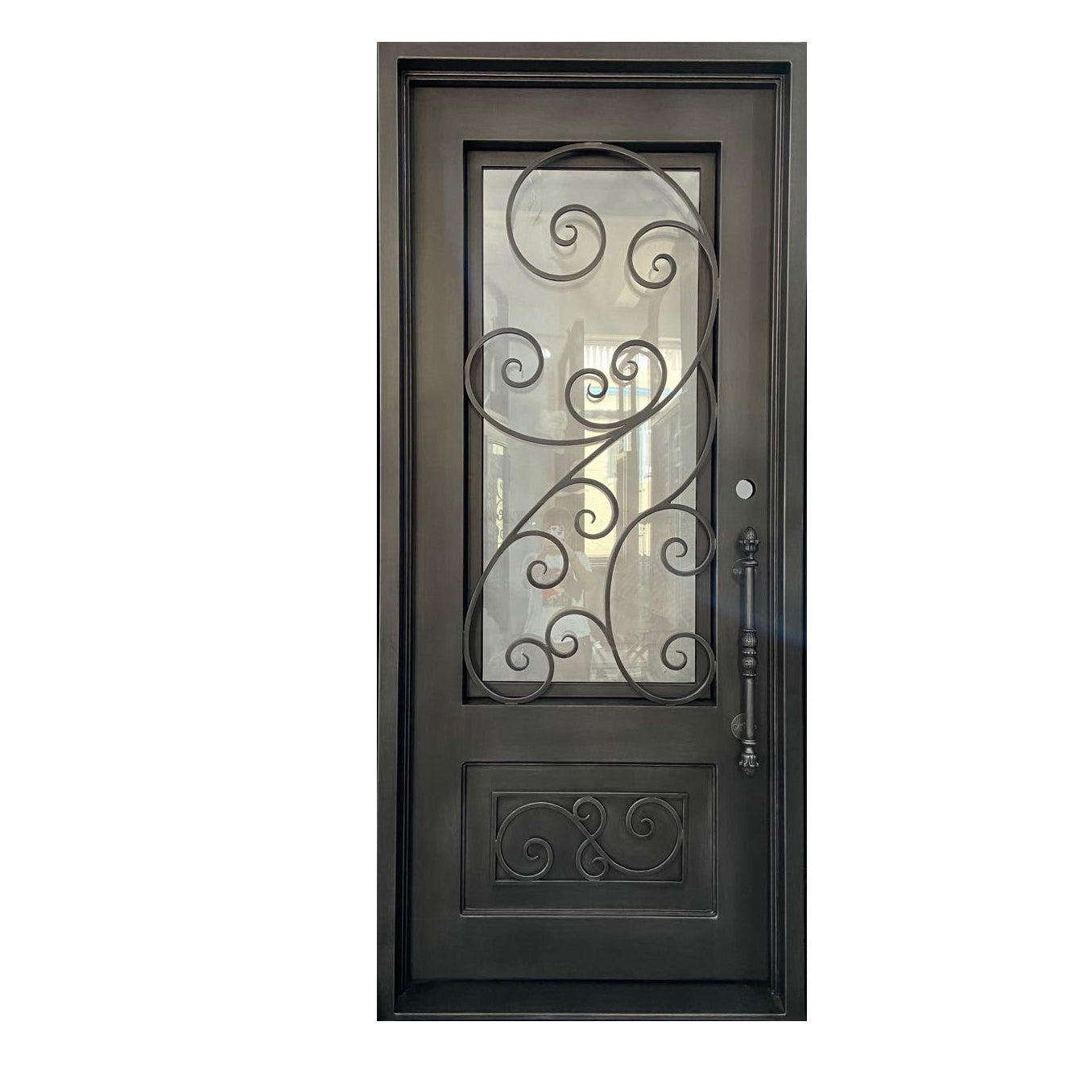 square top crafted iron single door with frosted glass