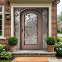 GID Luxury custom wrought iron front door with arched frame, handcrafted floral scrollworK