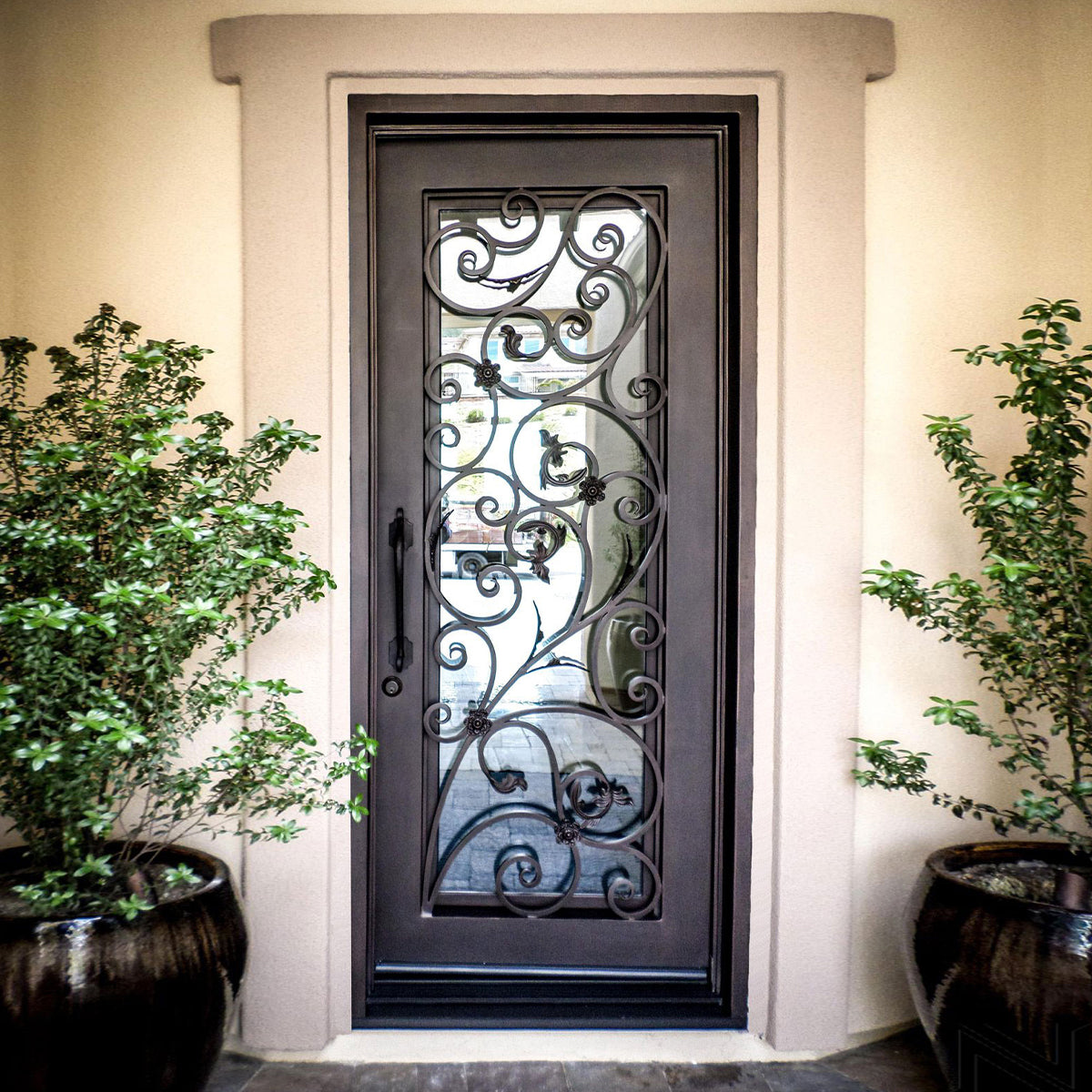 glory wrought iron front single door with clear glass and scrollwork and square top