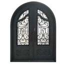 thermal break matte black forged iron double door with fancy scrollwork
