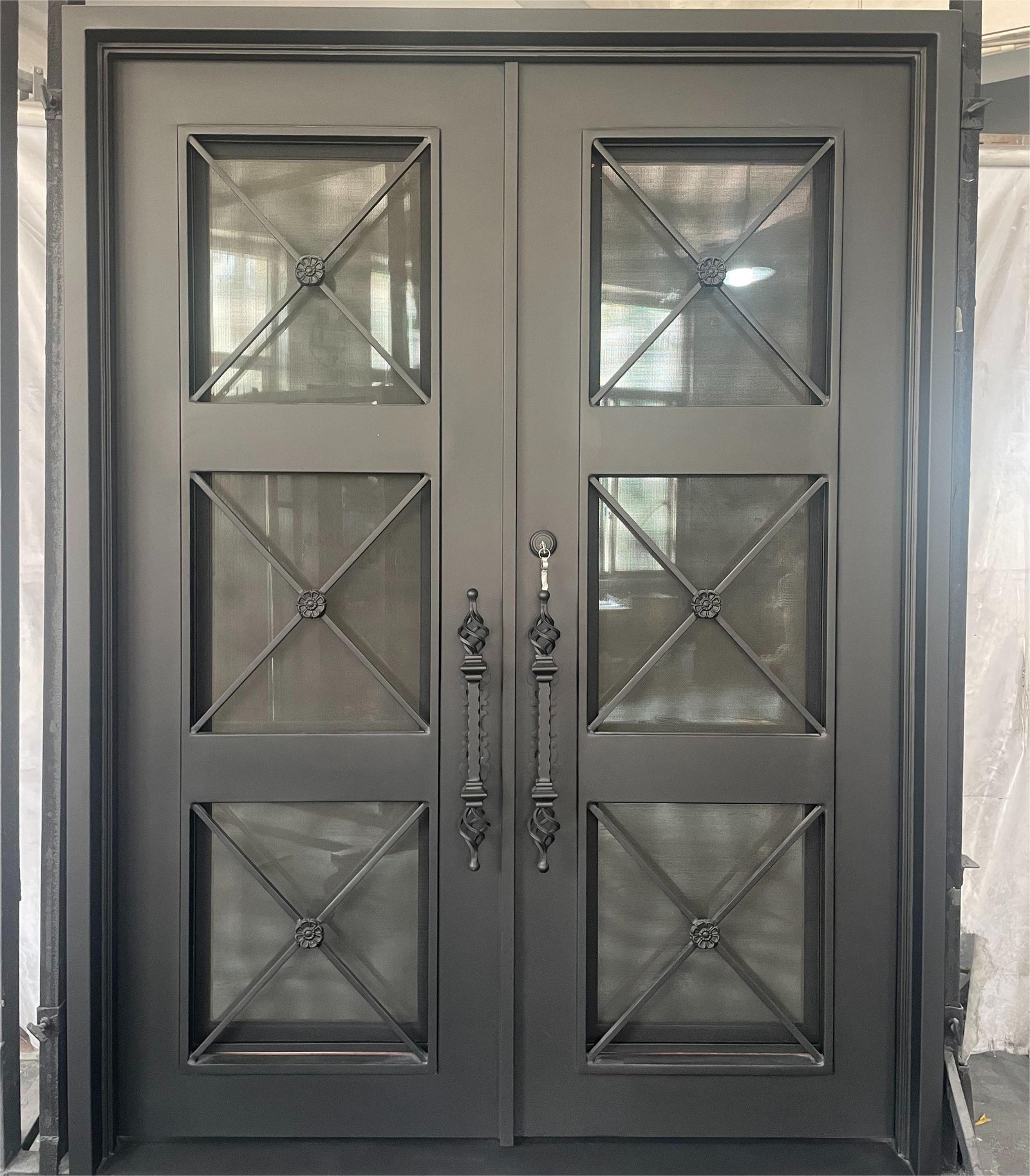 GID Double Iron Front Door with Diamond Grids Glass Arched Top ED213 ...