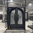 Square frame wrought iron double door with frosted glass and scrollwork