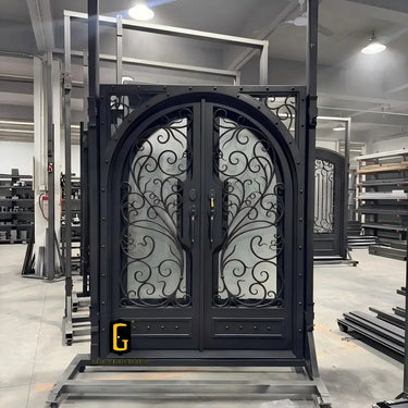 Square frame wrought iron double door with frosted glass and scrollwork