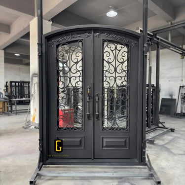 Made-to-order wrought iron front door for exterior entry
