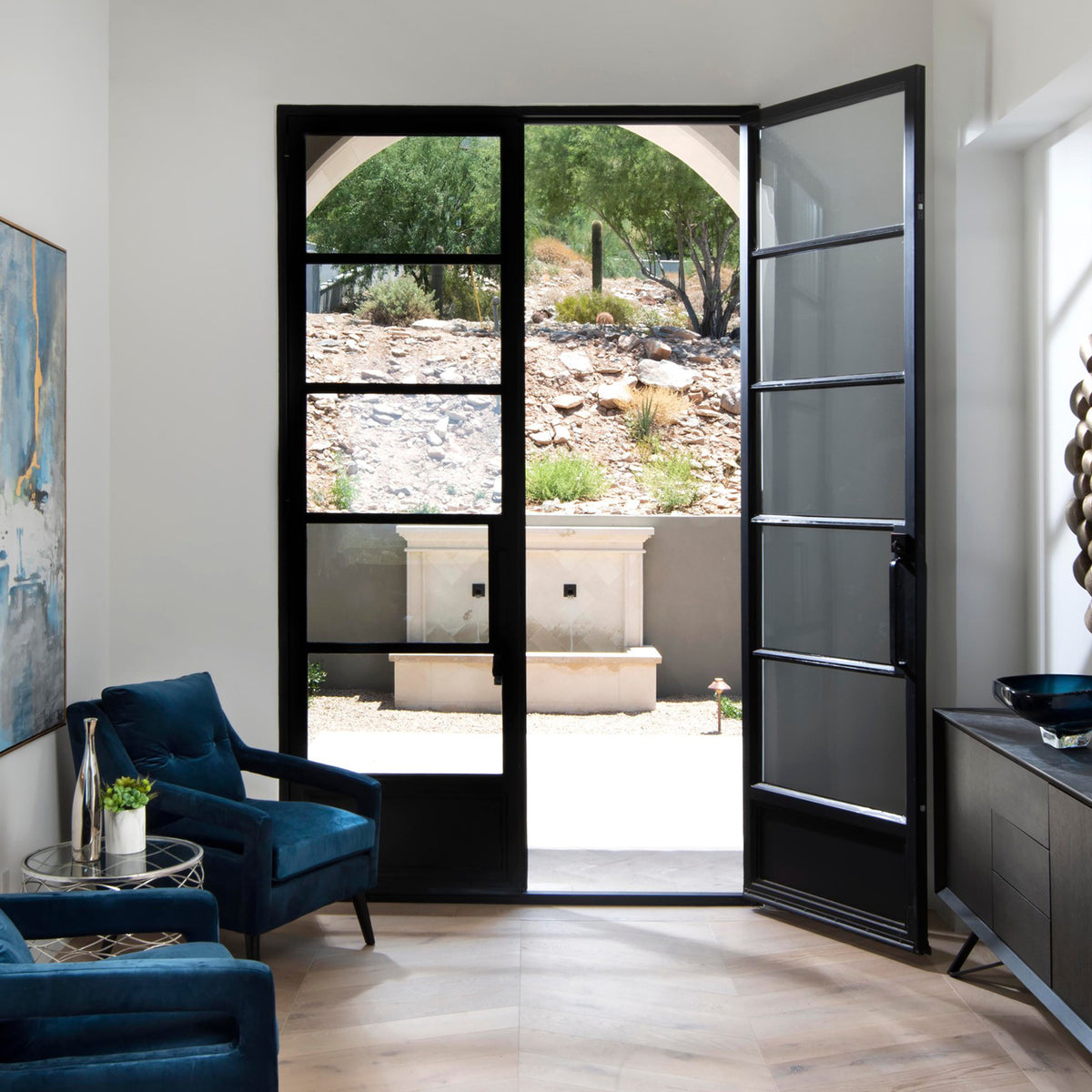 GID Modern Double Iron French Door In Black With Kickplate