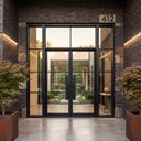 Thermal break black iron French double door with sidelights and transom
