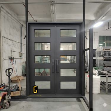 Custom iron French double door with impact-resistant glass