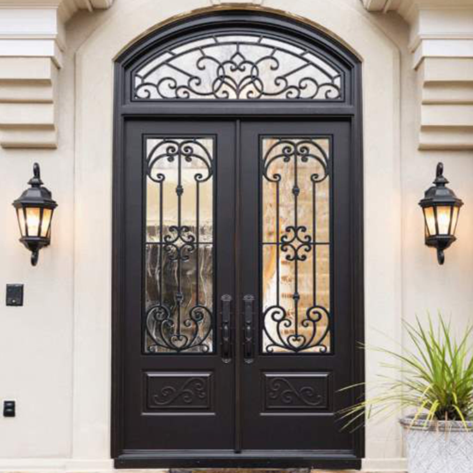 glory square iron double door with arch transom and beautiful scrollwork and matte black finish