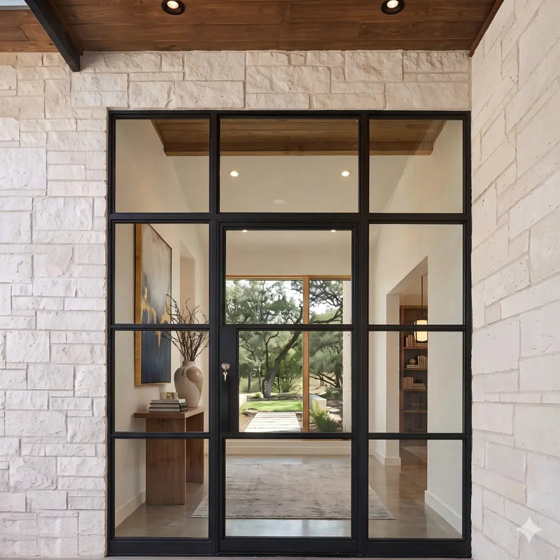 Single iron French front door with side lights and upper transom