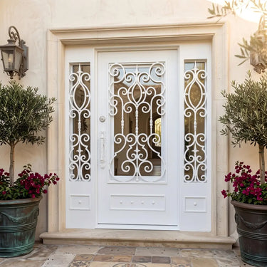 Matte white wrought iron single door with two sidelights and scrollwork