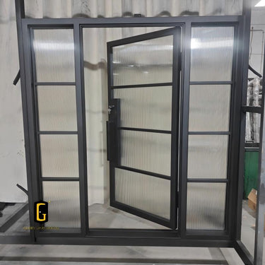 Black iron entry door with narrow sidelights
