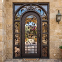 Grape scrollwork iron single door with sidelights and round transom