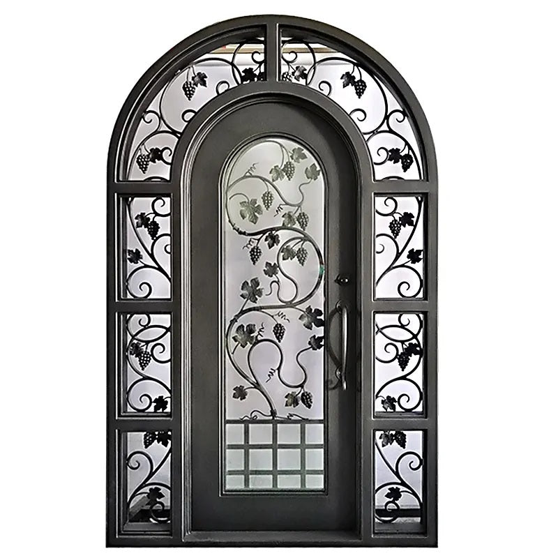 gloryirondoors grape ornamental iron forged front single door round top with frosted glass and two sidelights 