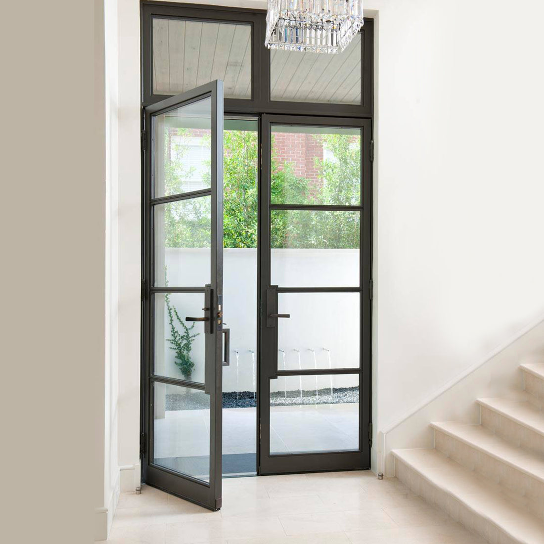 GID Small Size Iron French Double Entry Door With Transom