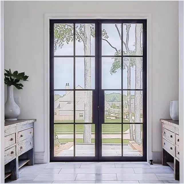 black neat design double iron glass doors with handle and lock