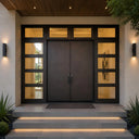 Modern iron double entry door with sidelights and transom