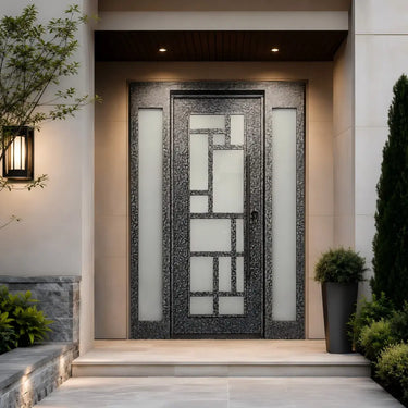 Aged pewter wrought iron single door with two sidelights and frosted glass
