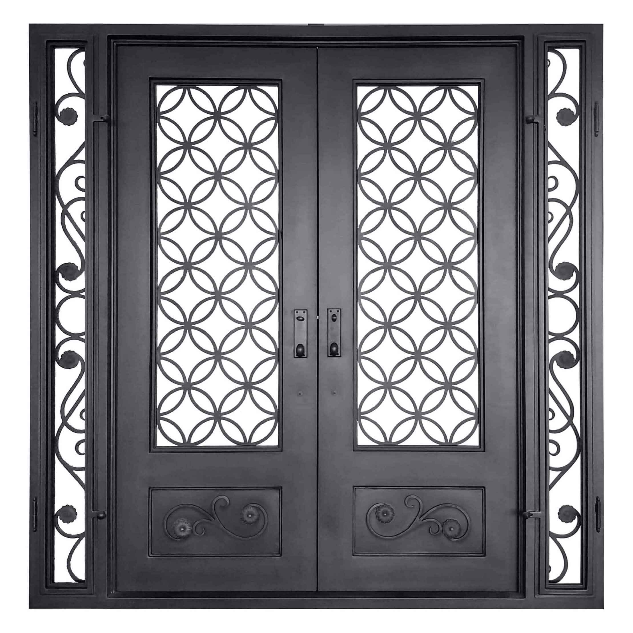 black wrought iron double door with two narrow sidelights