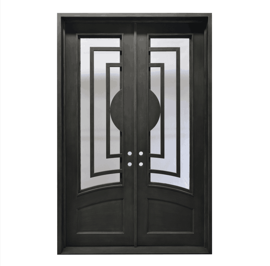 modern design wrought iron double door with sandblast glass