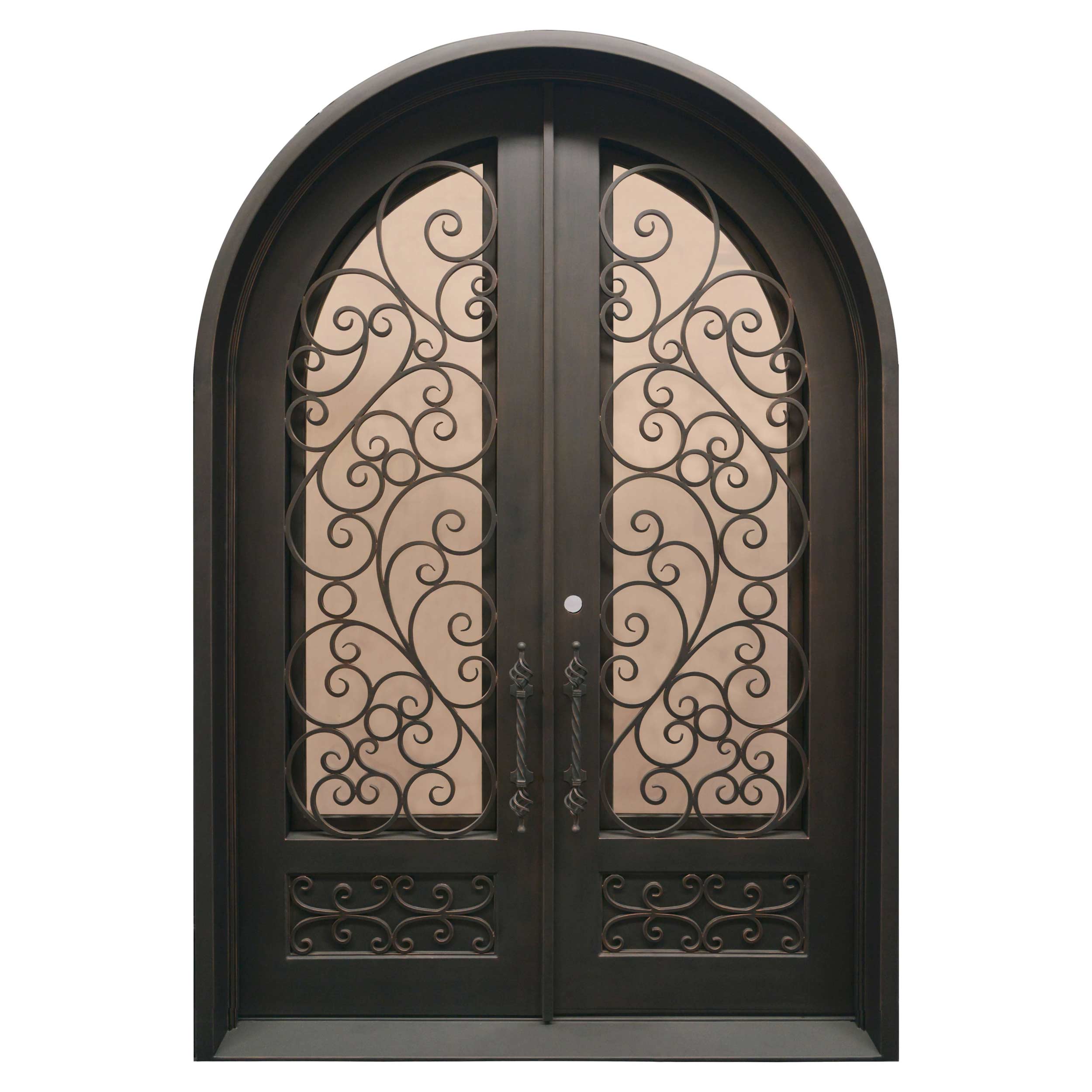 fully arched forged iron double entry door with beautiful scrollwork