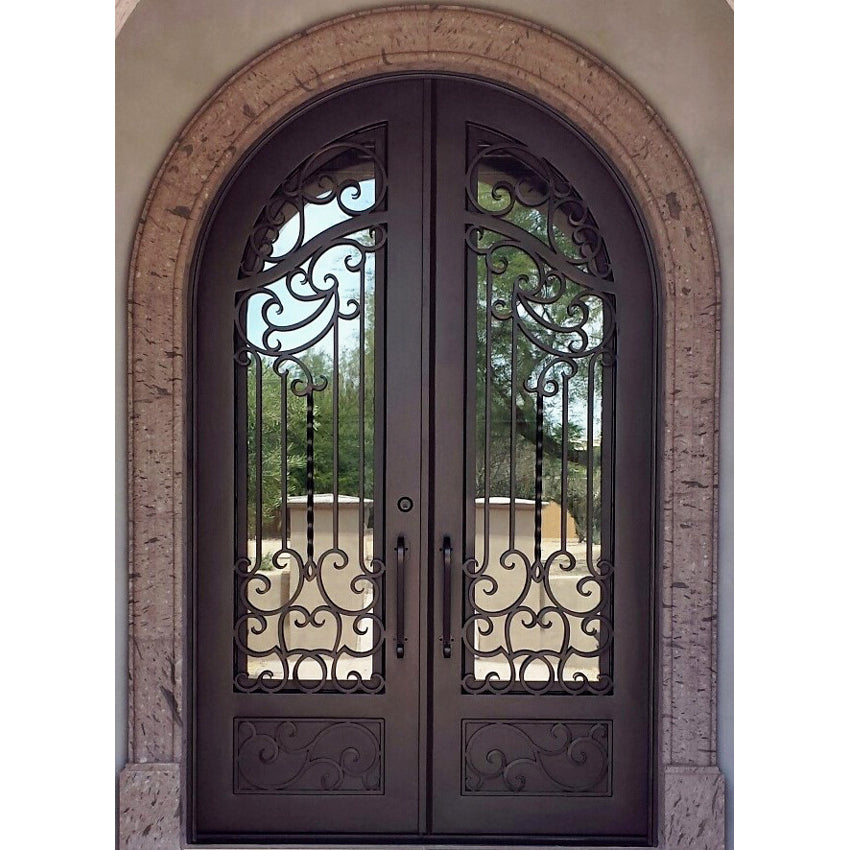 round wrought iron double door with double pane low e glass