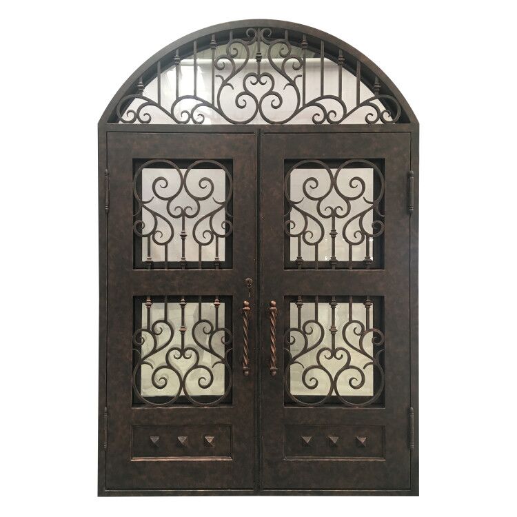 round transom wrought iron double door with crash bar