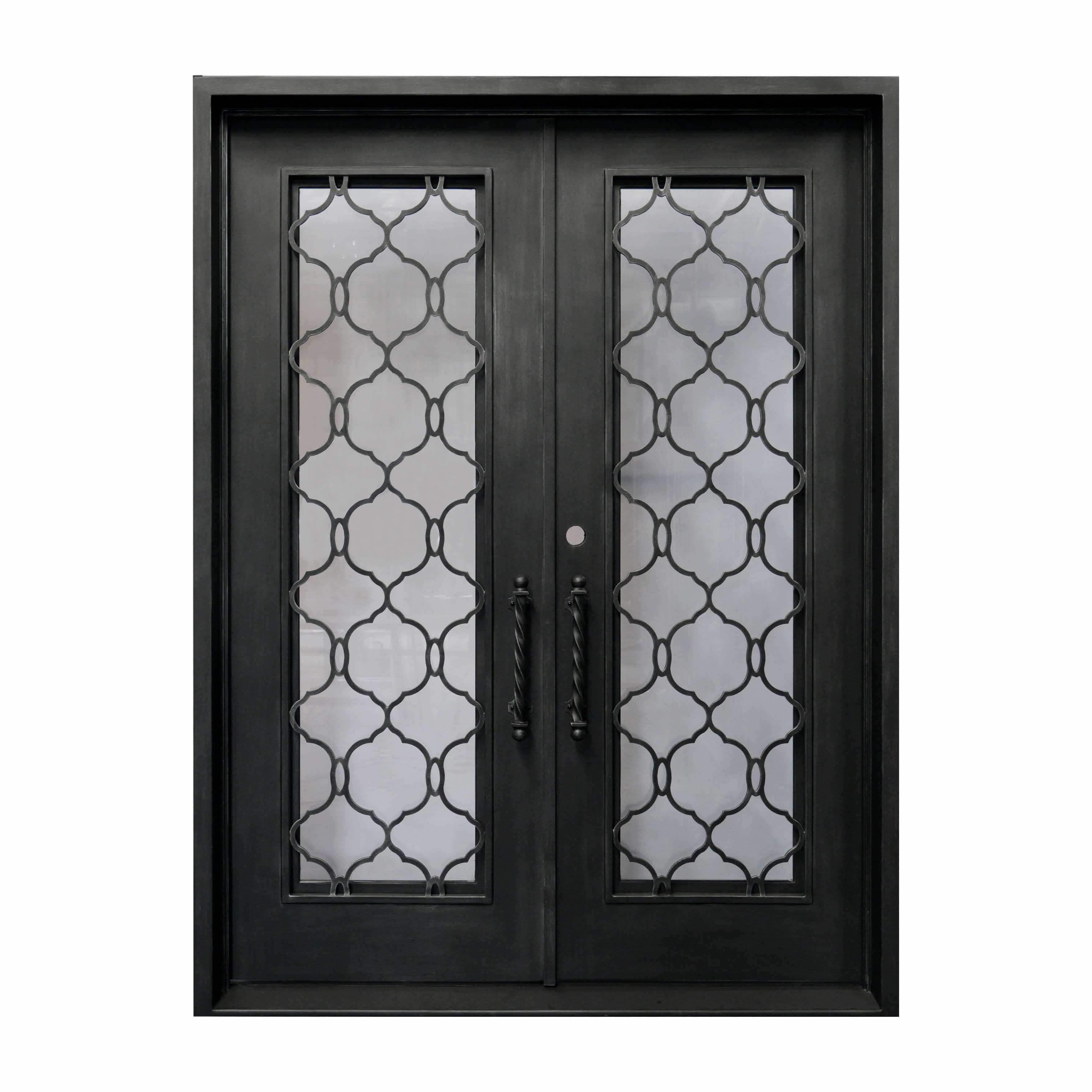 wrought iron double entry door with sandy glass and square top