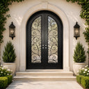 Round top wrought iron double front door with full glass panels