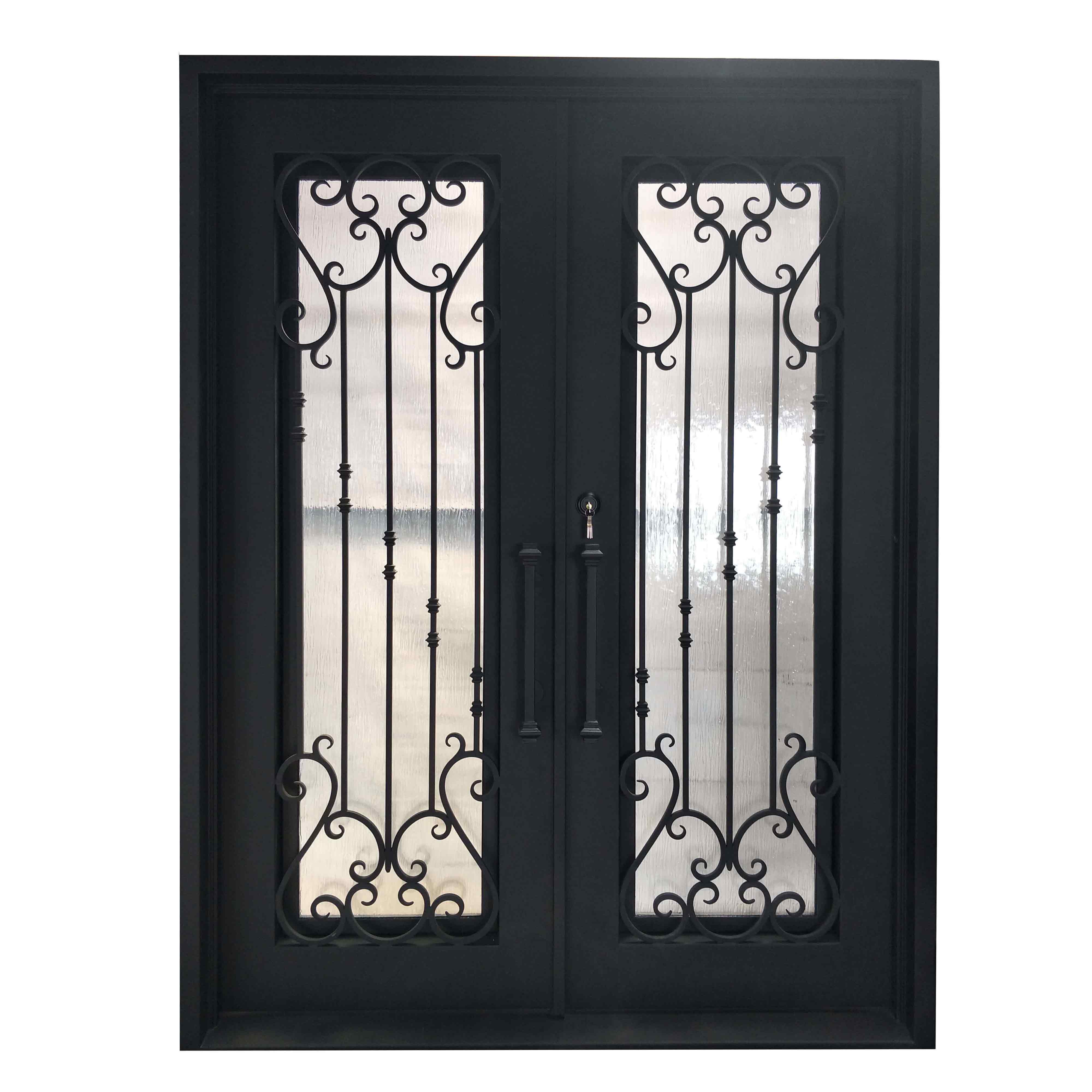 wrought iron steel double entrance with frosted double pane glass