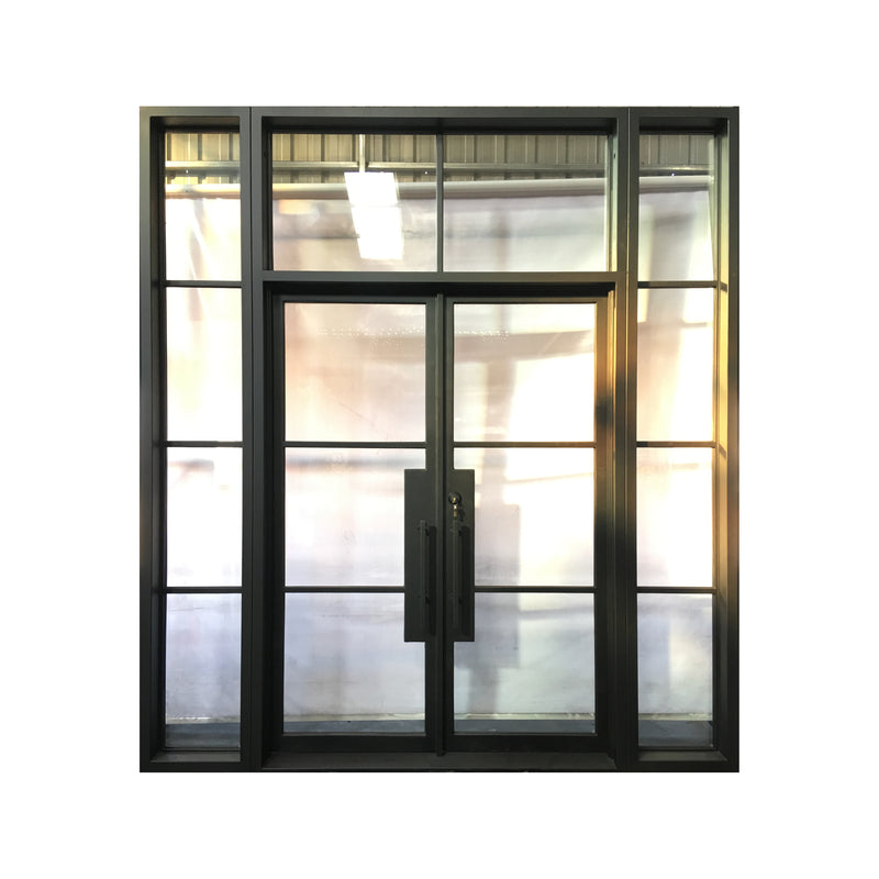 Exterior iron entry door with two sidelights and top transom