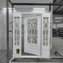 Custom white iron front door with decorative sidelights