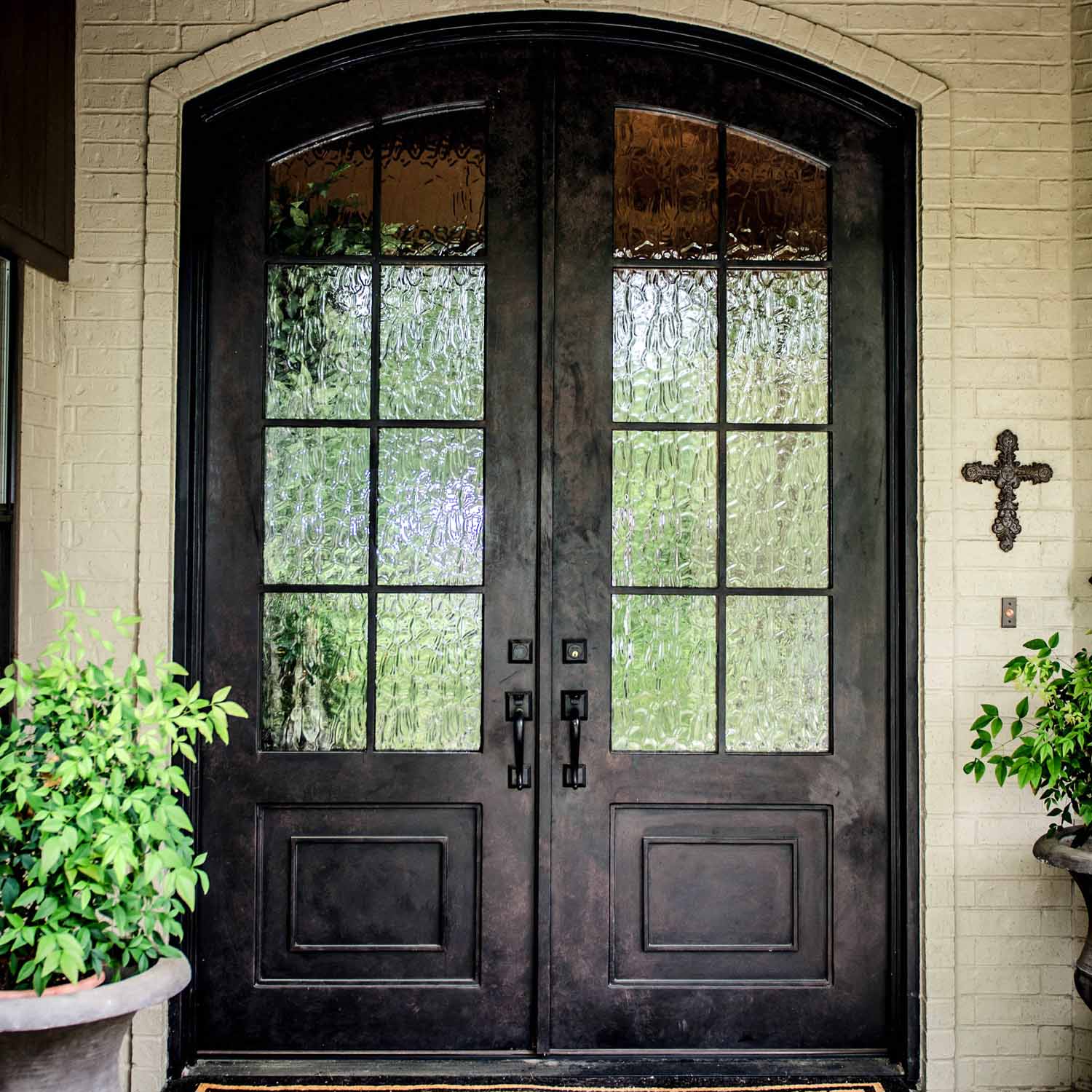 iron front double door with Aquatex glass and kickplate