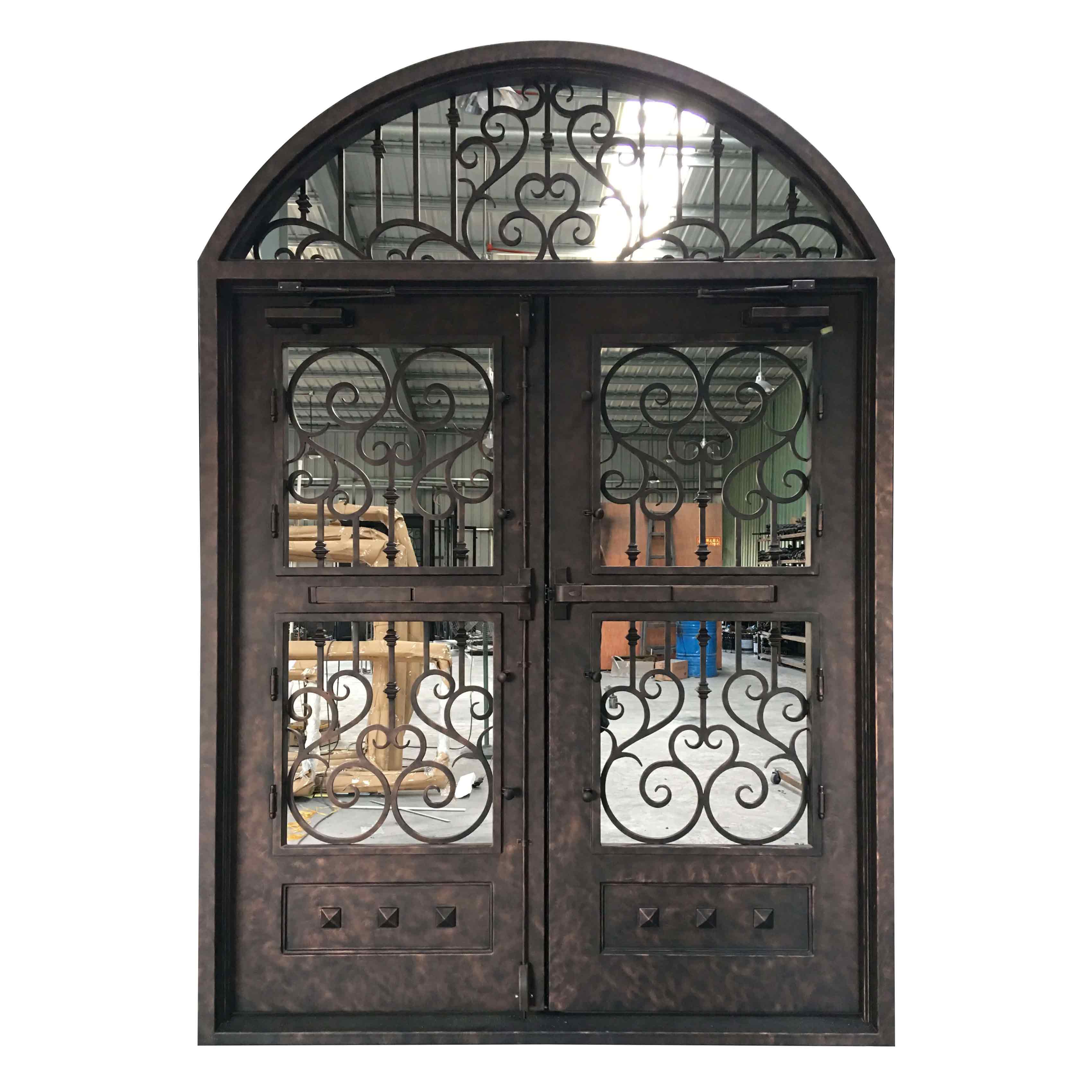 big size thermal break round transom iron double door with panic bar 