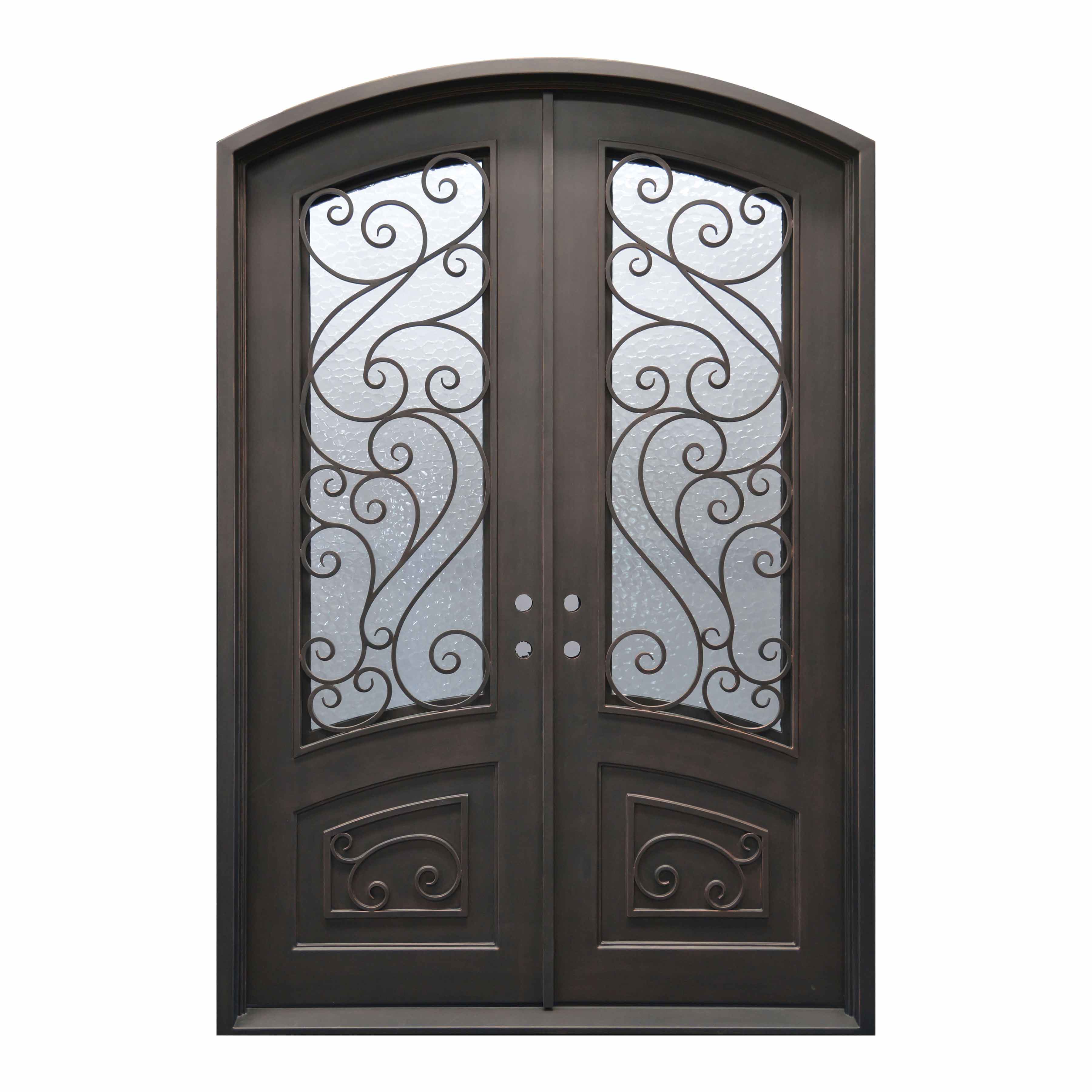 thermal break bronze forged iron double door with fancy scrollwork