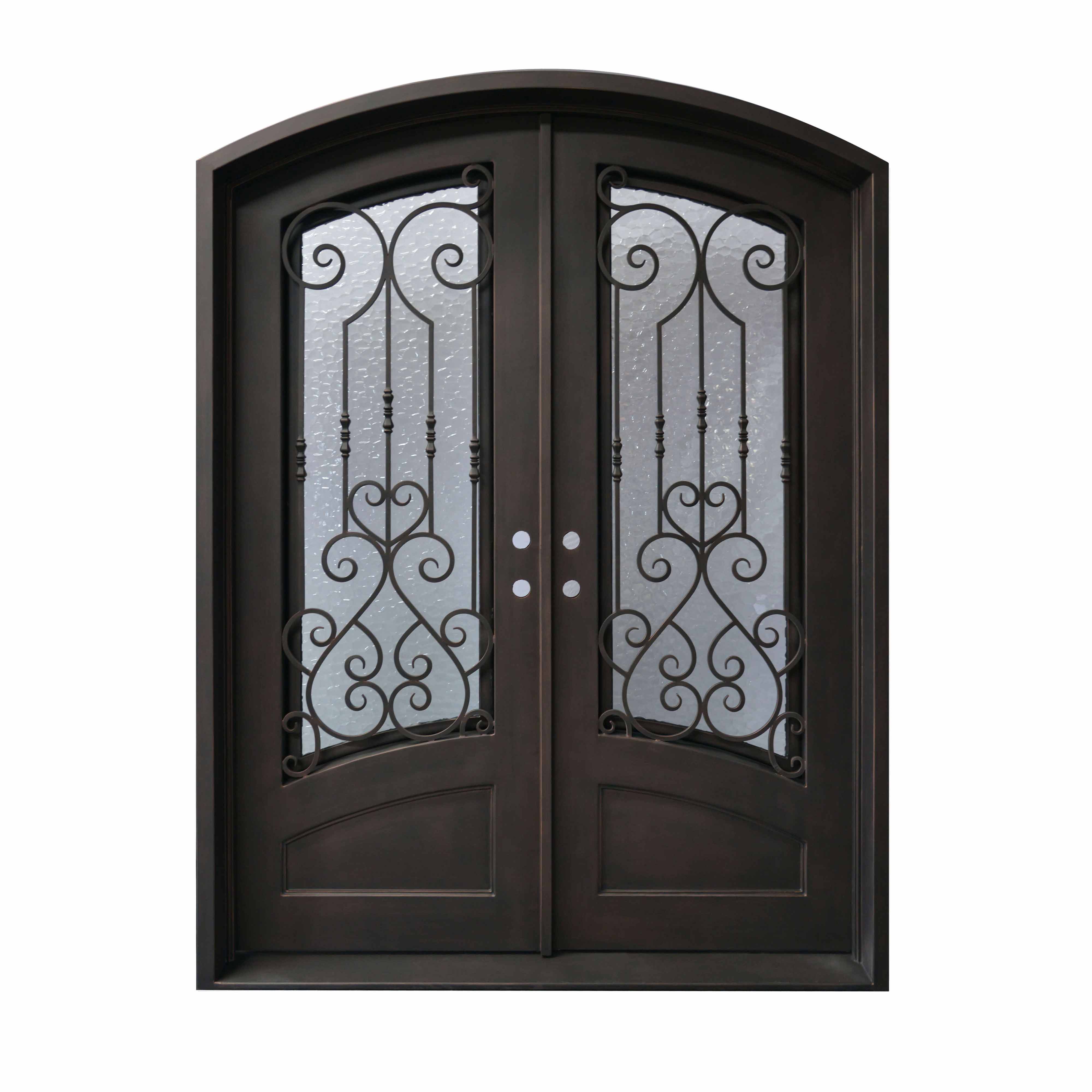 Handmade insulated wrought iron double door with double pane frosted glass