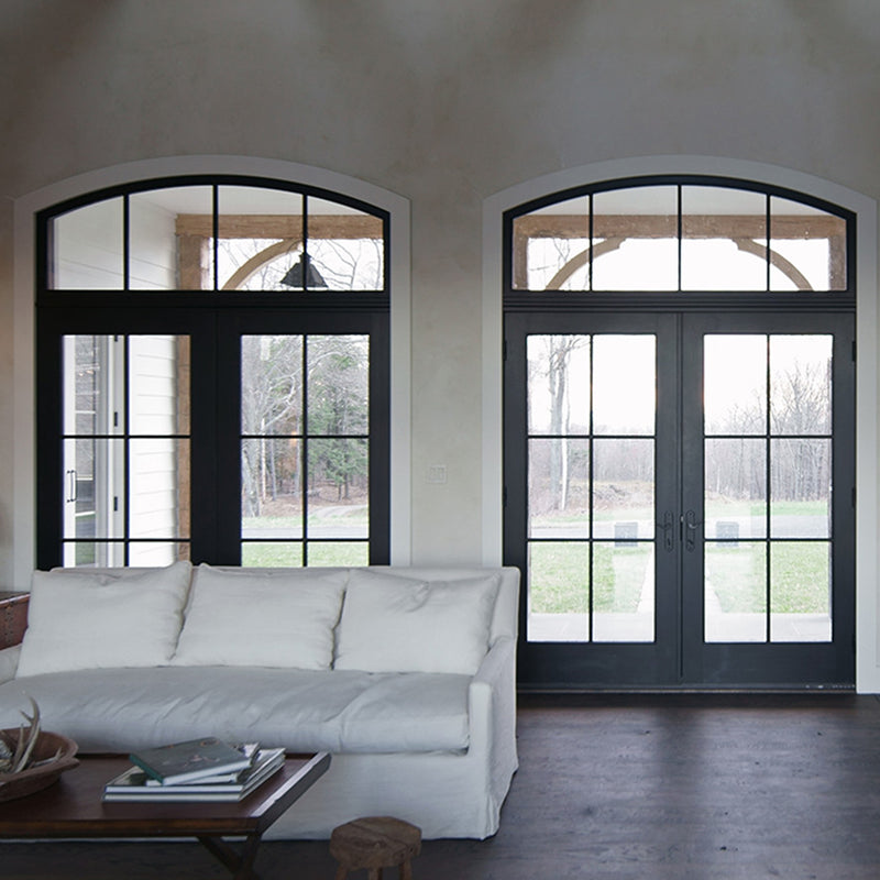 Thermal break iron French double door with arched transom