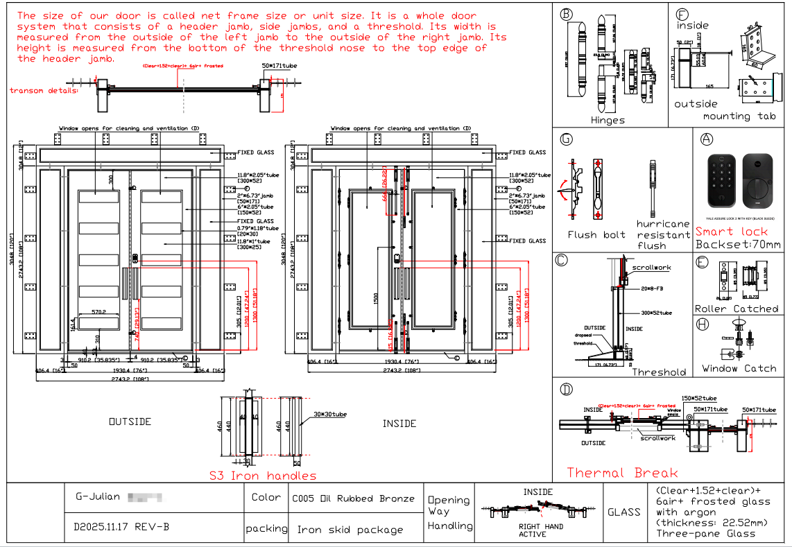 Deposit Custom Link for Julian GID Thermal Break Iron Entry Door With Thick Metal Frame TED079