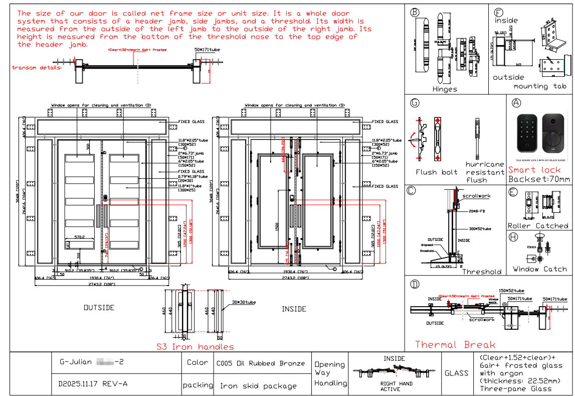 Deposit Custom Link for Julian GID Thermal Break Iron Entry Door With Thick Metal Frame TED079