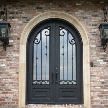 gid round top matte black iron frame double entry door with kickplate