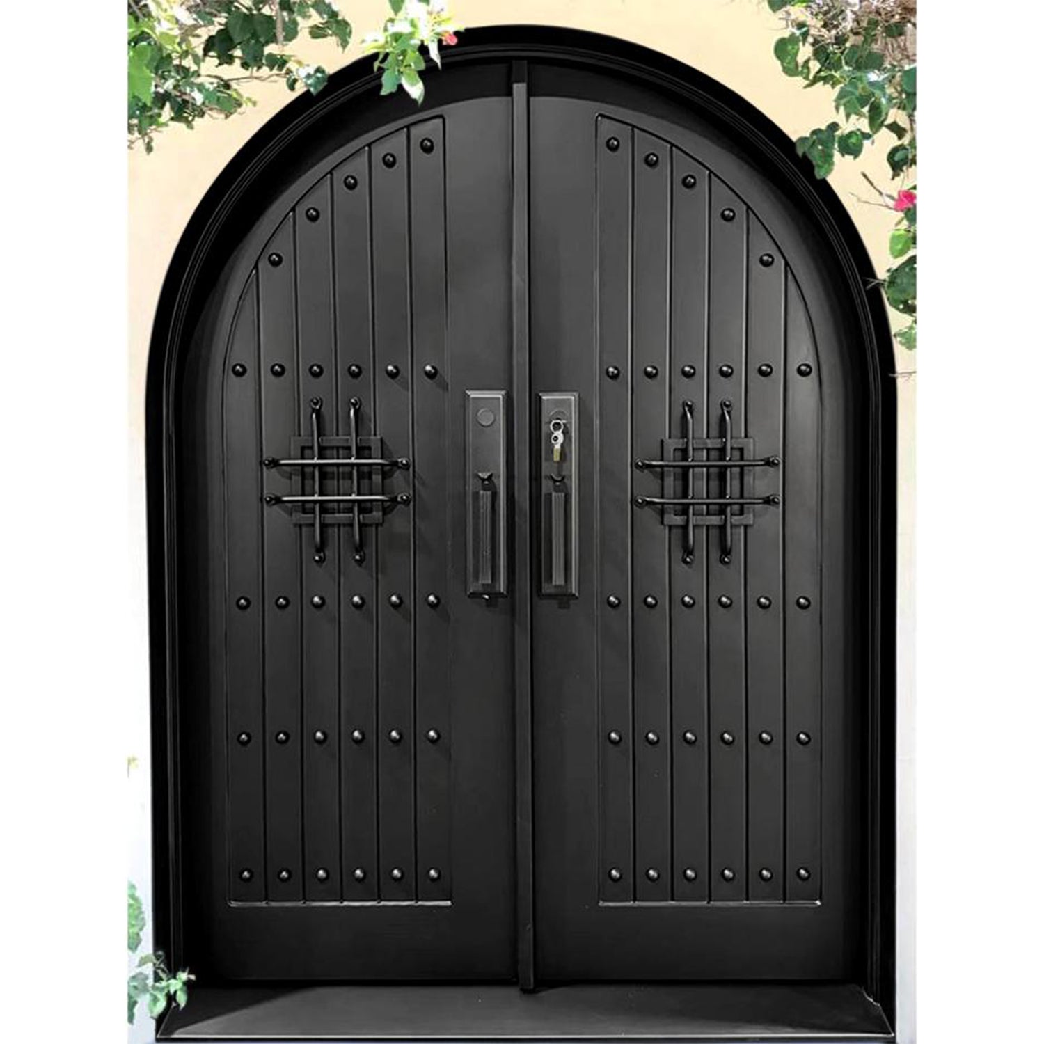 double iron door with round top and matte black frame