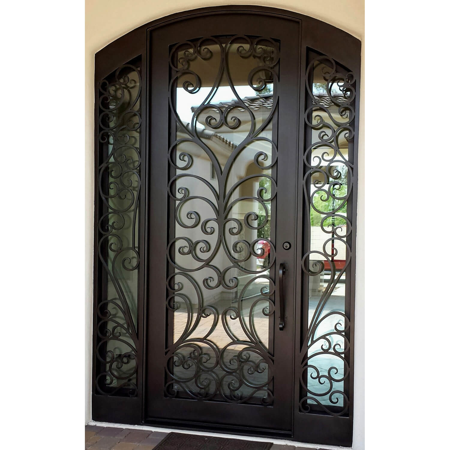 glory iron single door with two sidelights and beautiful scrollwork