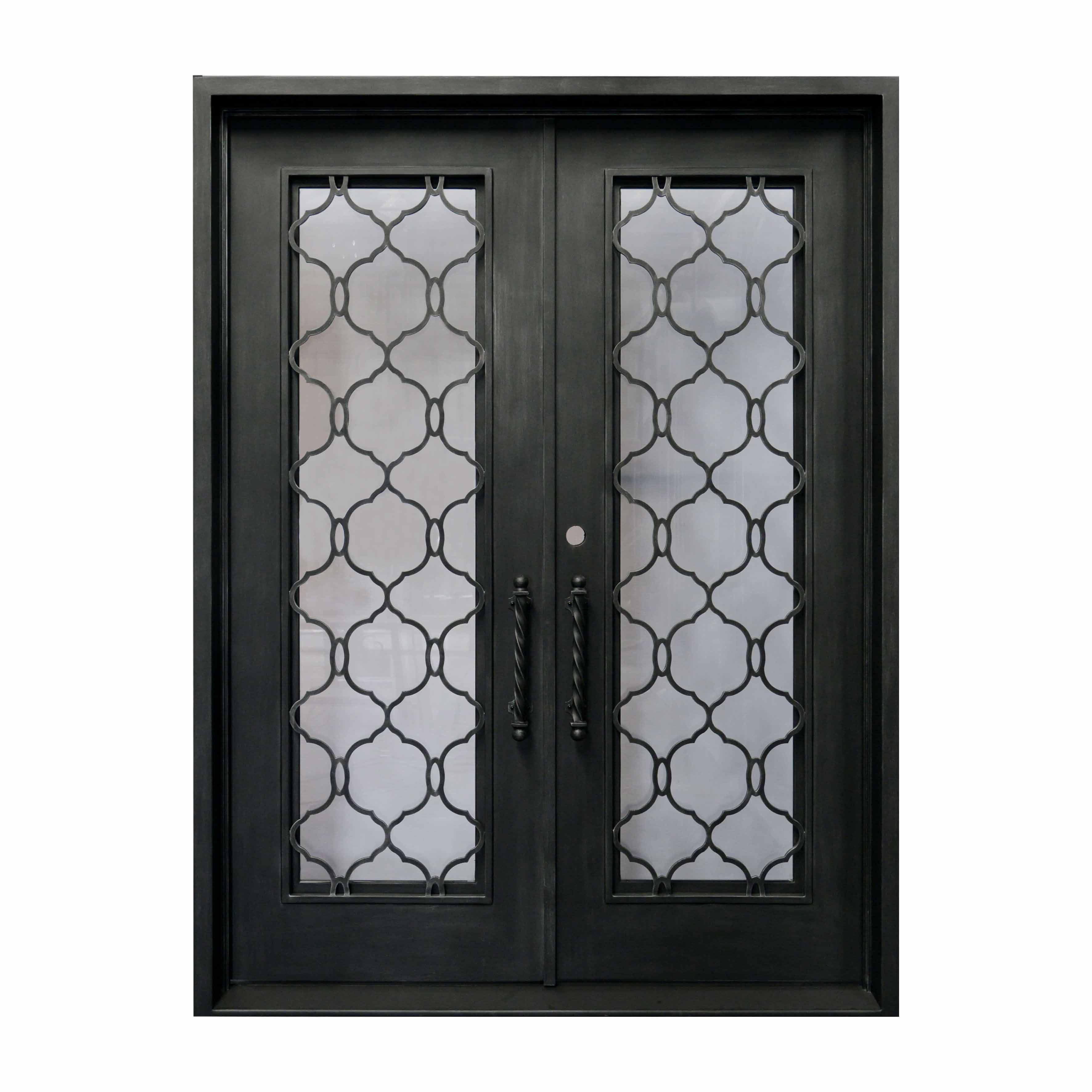 insulated wrought iron double entry door with sandy glass and square top