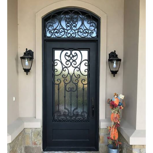 gloryirondoors iron single door with aquatic glass and beautiful scrollwork