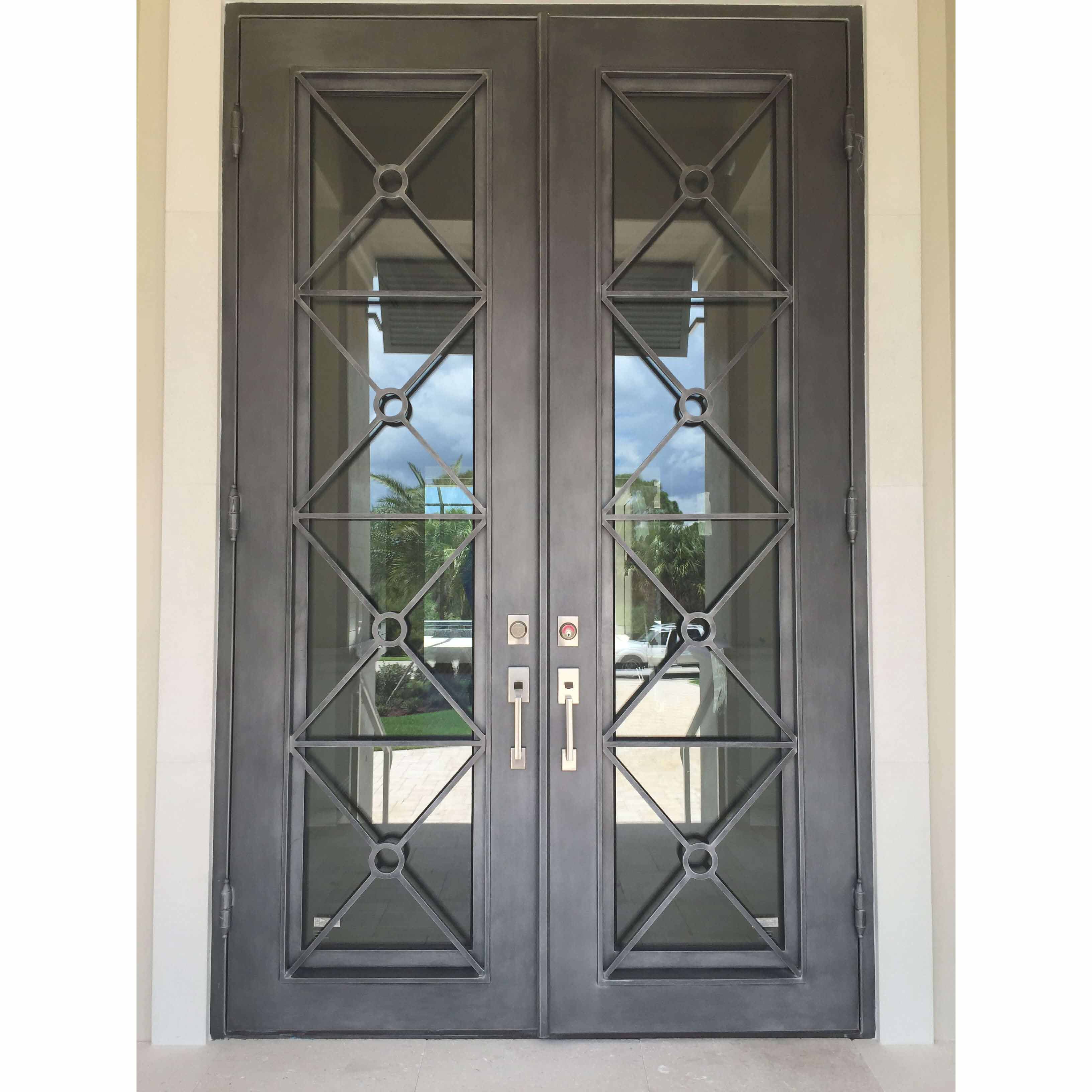 thermal break metal iron double door with double pane low e clear glass