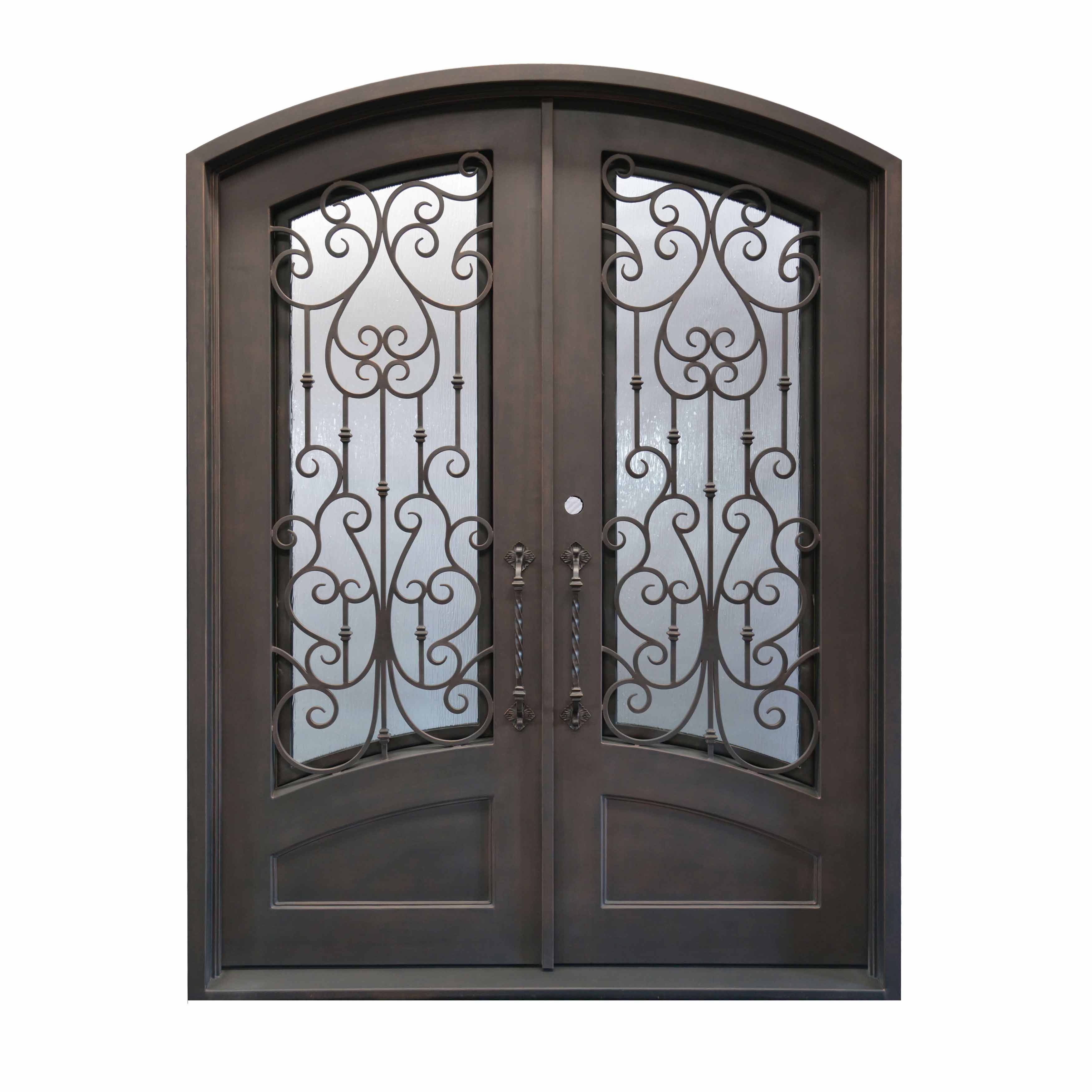 Customized thermal break wrought iron double door with eyebrow arched top